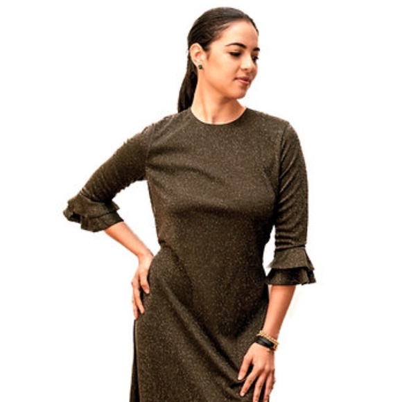 DEVORAH'S SECRET Elegant Maxi Dress Bell Khaki Sparkle Regular and Plus Sizes - Picture 1 of 6